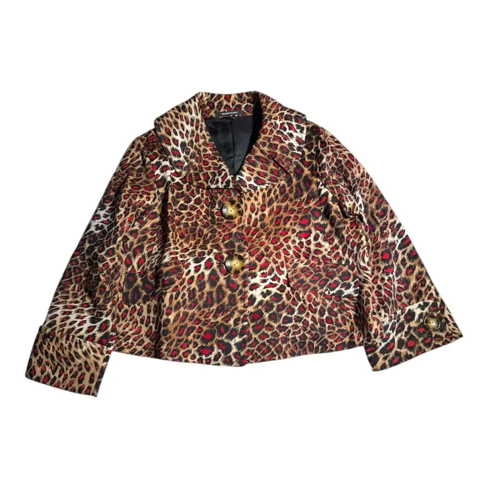 Vtg Y2K Ellen Tracy Brown Red Leopard Print Wool Cropped Swing Jacket Sz 14